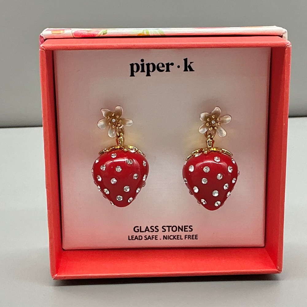 Piper K Strawberry Earrings Women Red Crystal Glass Stone Flower Dangle Jewelry